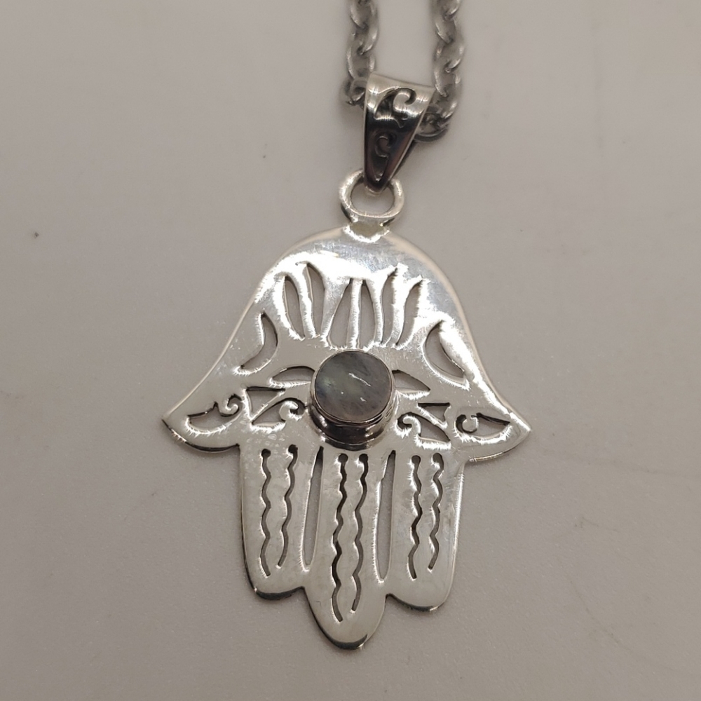 Moonstone Hamsa Silver 925 Pendant & 15" Choker